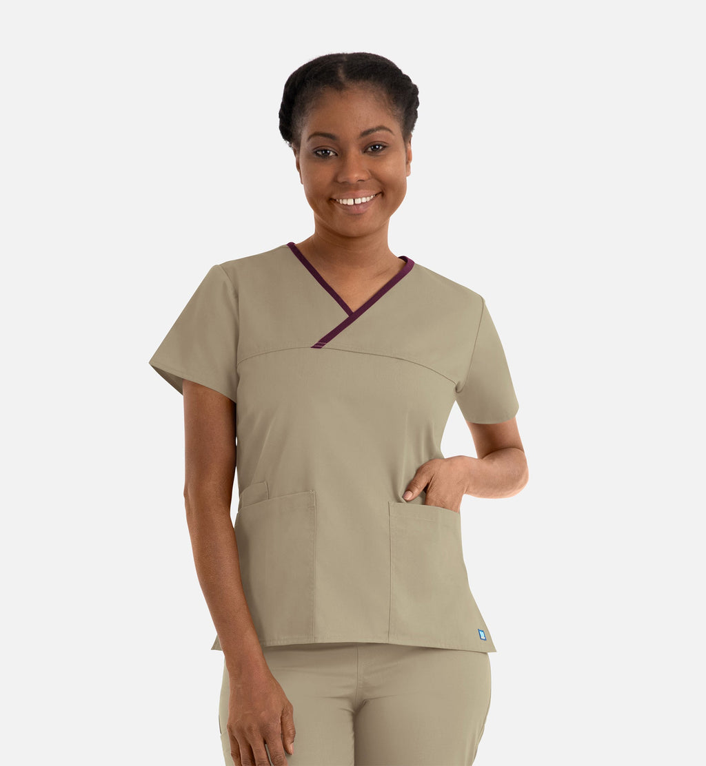 Core 1026 Women's Contrast Mock Wrap Top Khaki