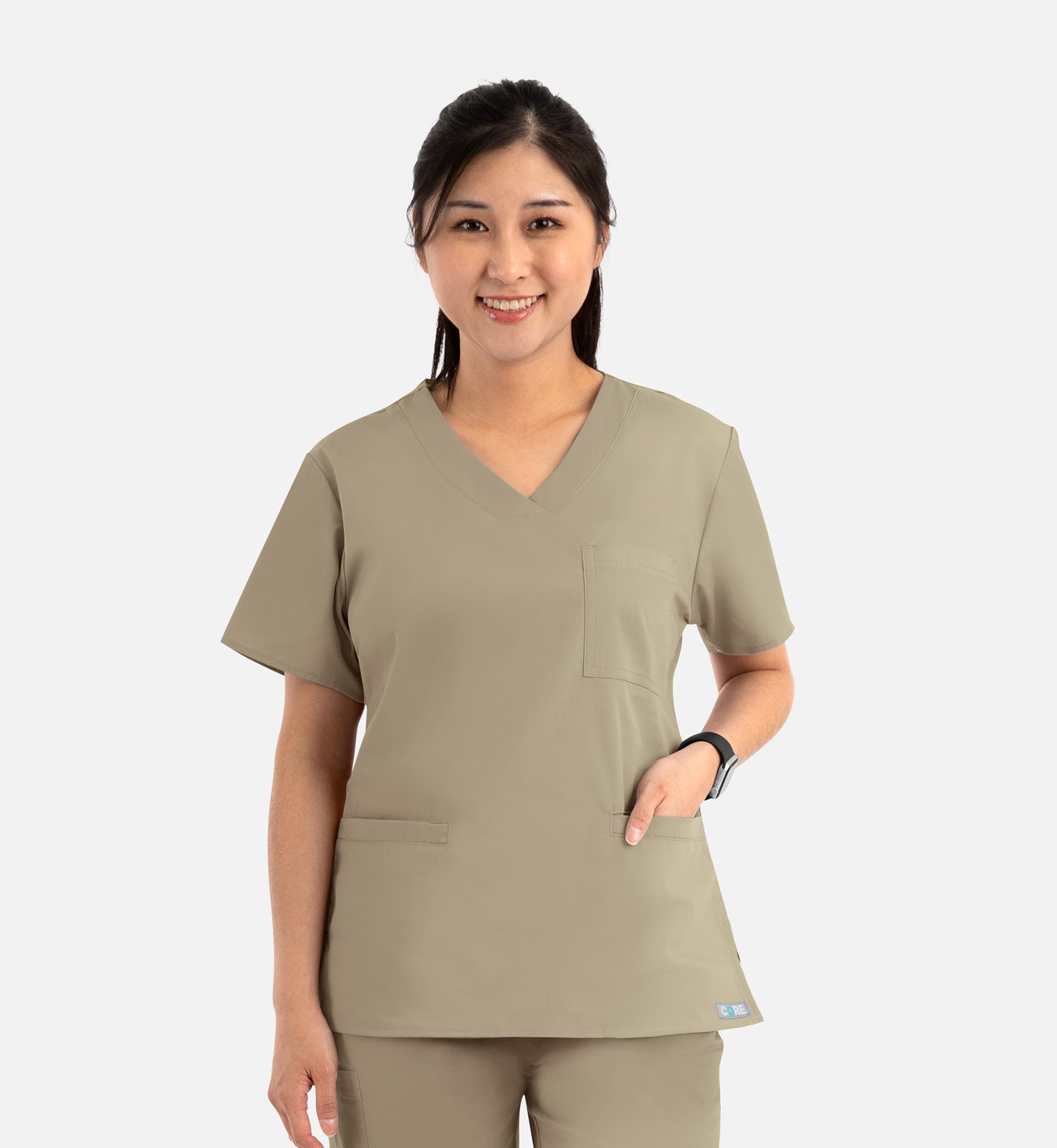 Core 1626 Curved V-Neck Top Khaki