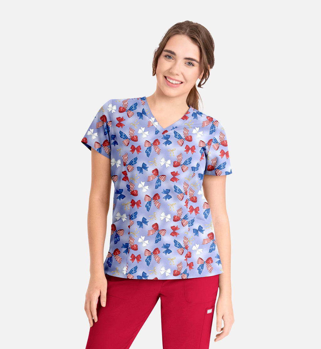 Maevn 1797 Women’s Curved V-Neck Print Top Americana Bows