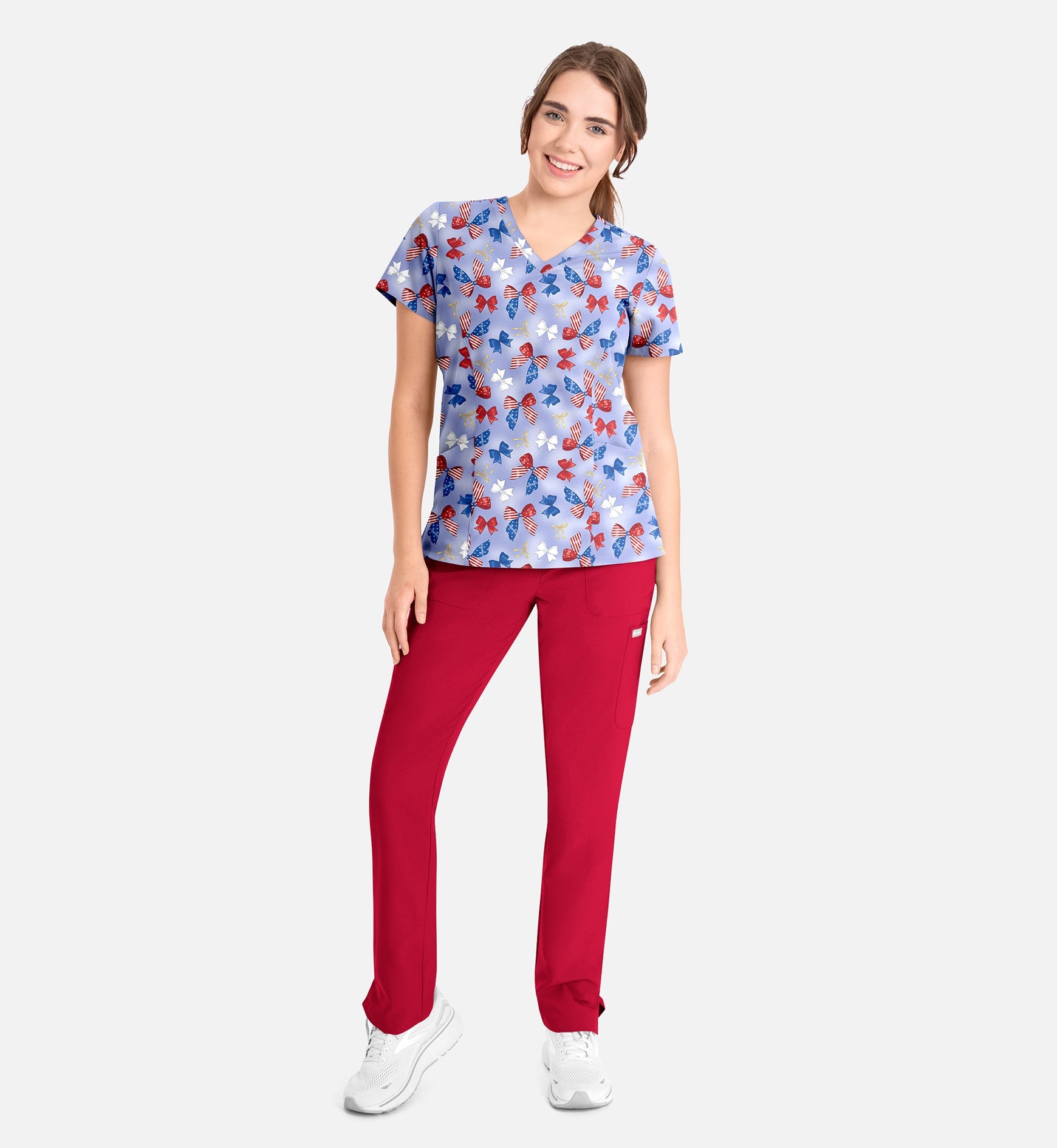 Maevn 1797 Women’s Curved V-Neck Print Top Americana Bows