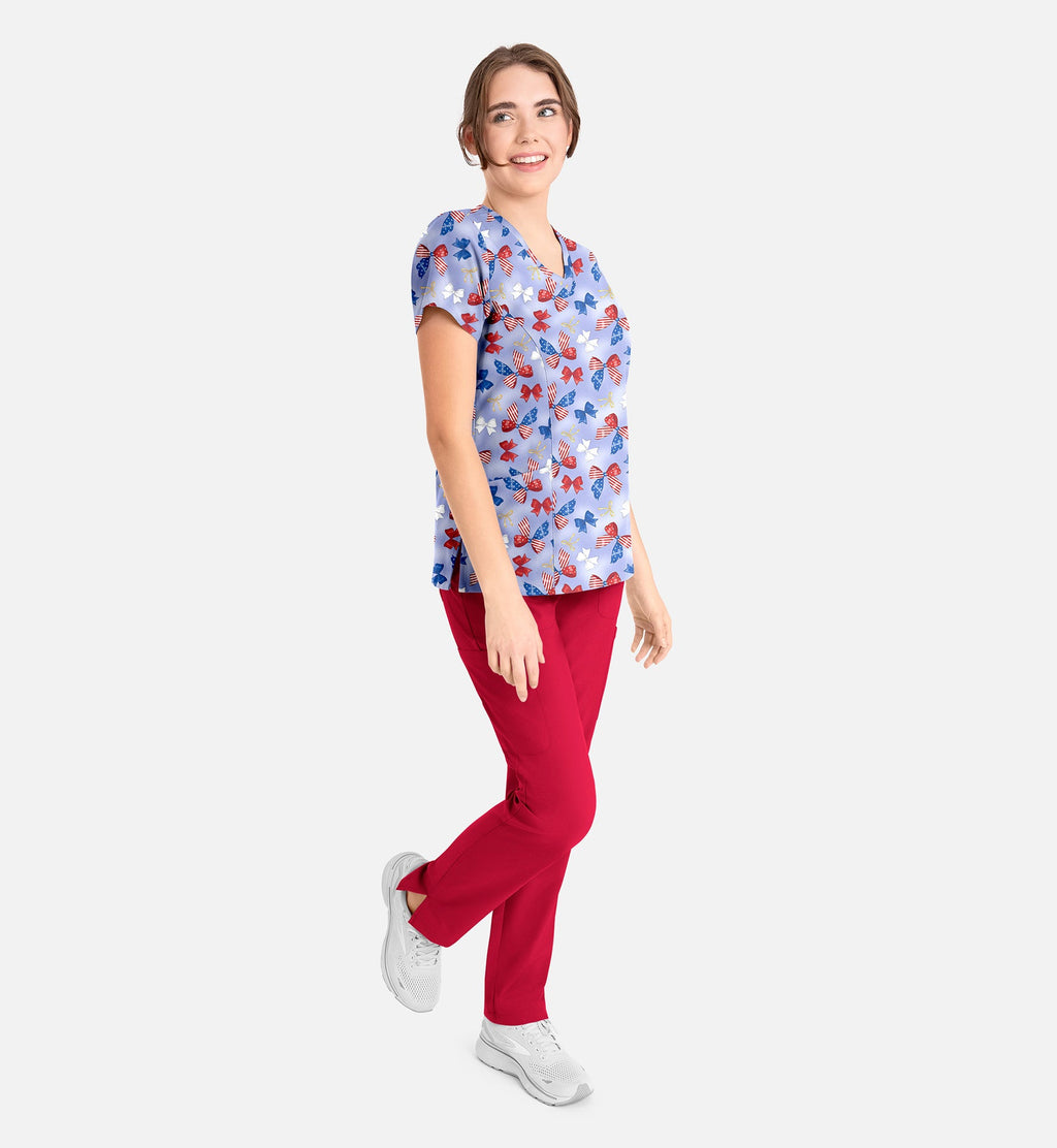 Maevn 1797 Women’s Curved V-Neck Print Top Americana Bows