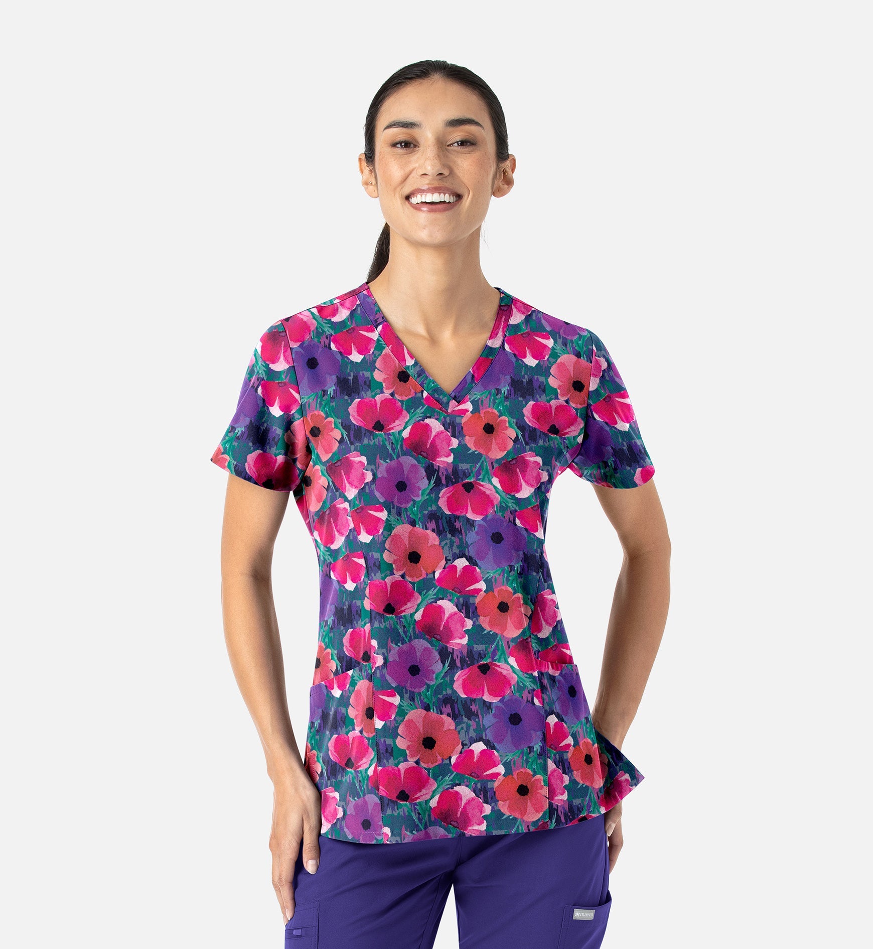 Maevn 1797 Women’s Curved V-Neck Print Top Autumn Bloom