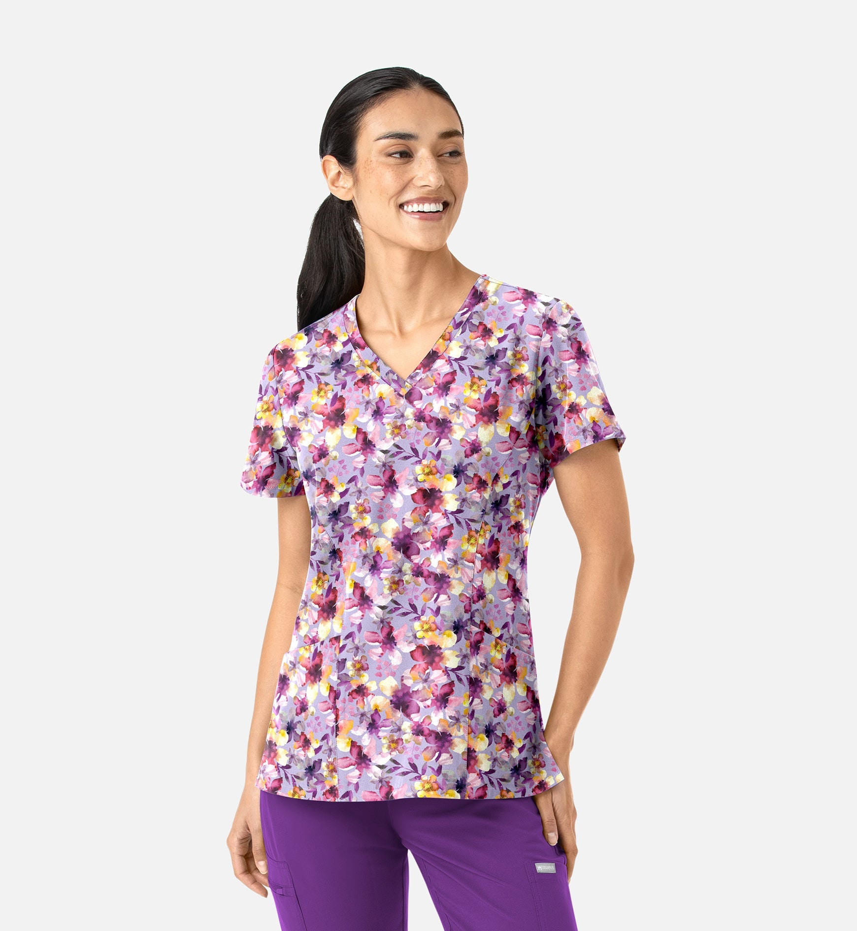 Maevn 1797 Women’s Curved V-Neck Print Top Floral Daze