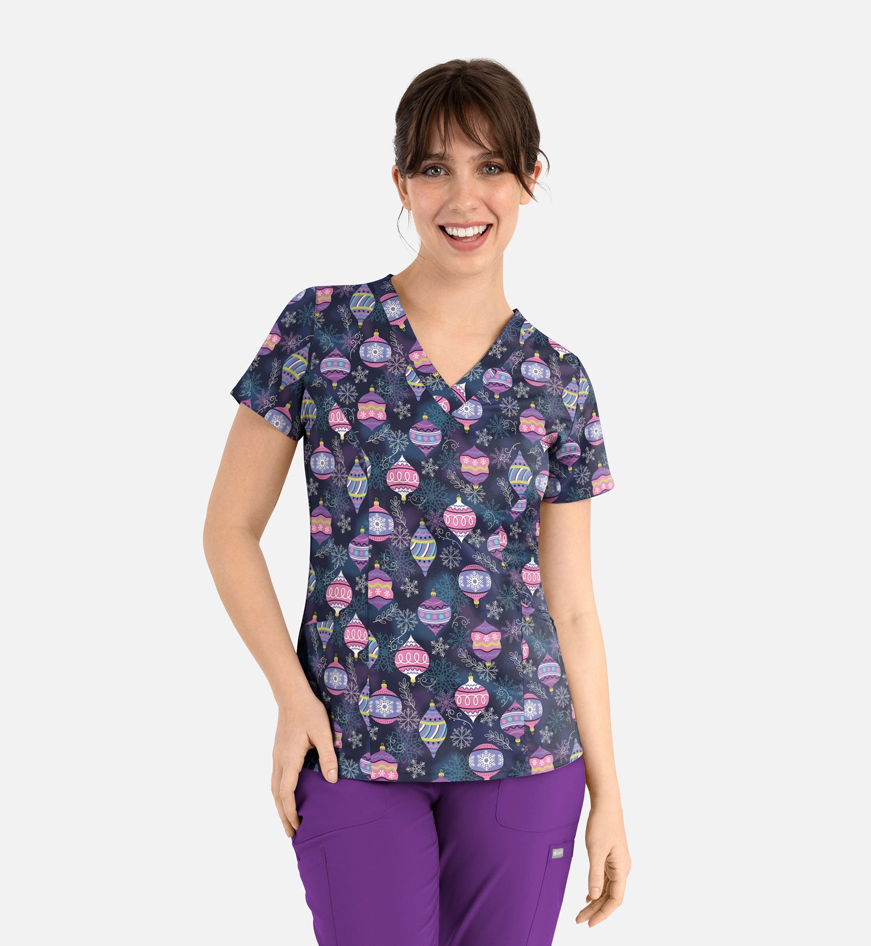 Maevn 1797 Women’s Curved V-Neck Print Top Frosted Ornaments