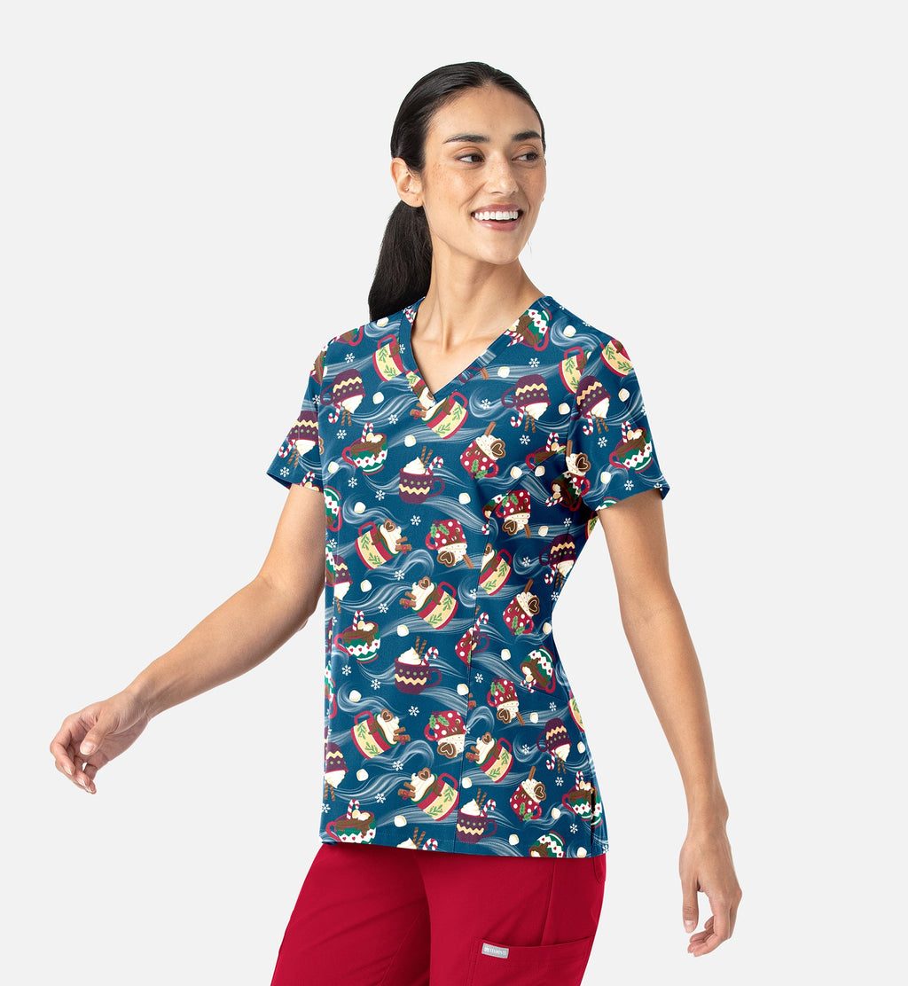 Maevn 1797 Women’s Curved V-Neck Print Top Festive Sips