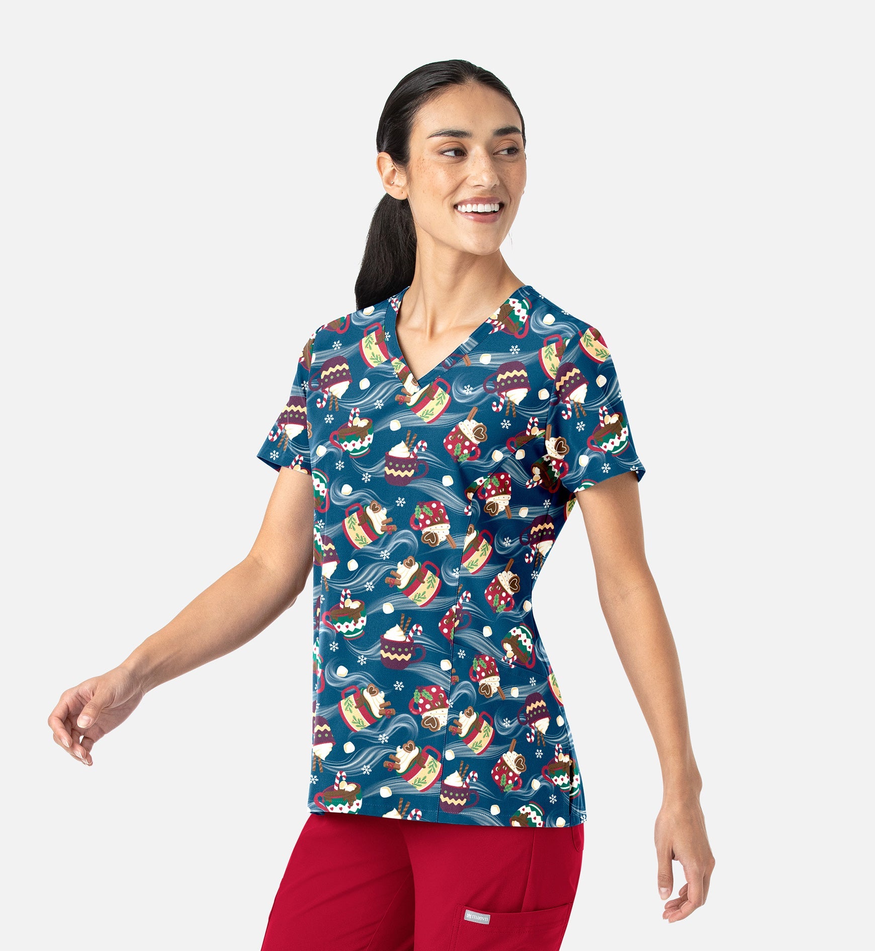 Maevn 1797 Women’s Curved V-Neck Print Top Festive Sips