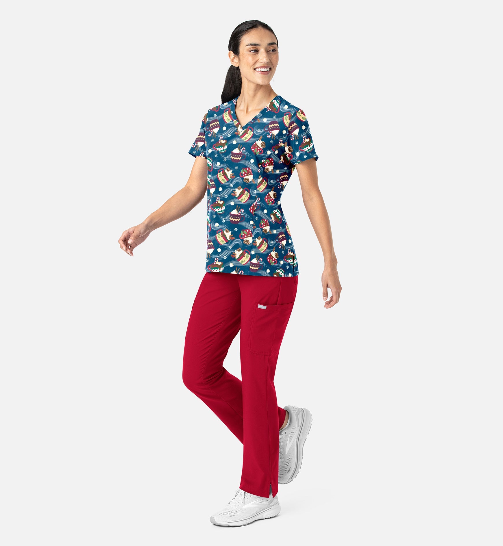 Maevn 1797 Women’s Curved V-Neck Print Top Festive Sips