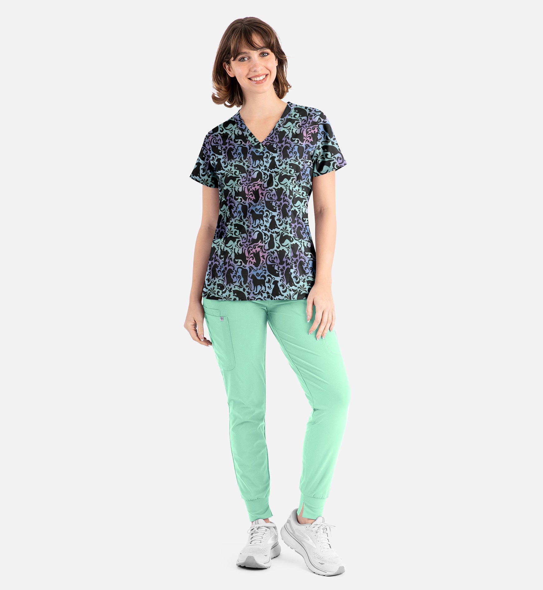 Maevn 1797 Women’s Curved V-Neck Print Top Love in every Paw