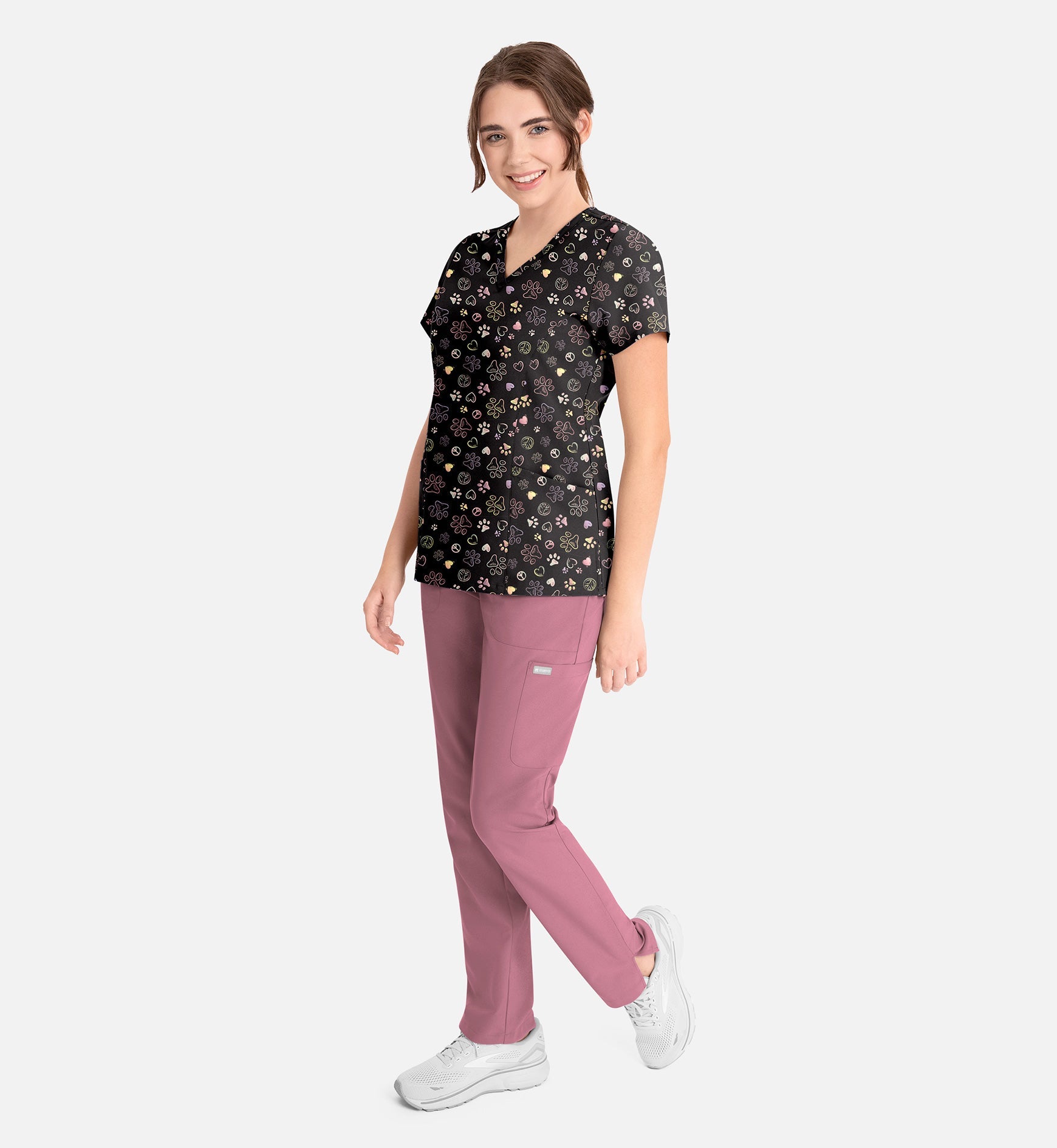 Maevn 1797 Women’s Curved V-Neck Print Top Peace Love Paws