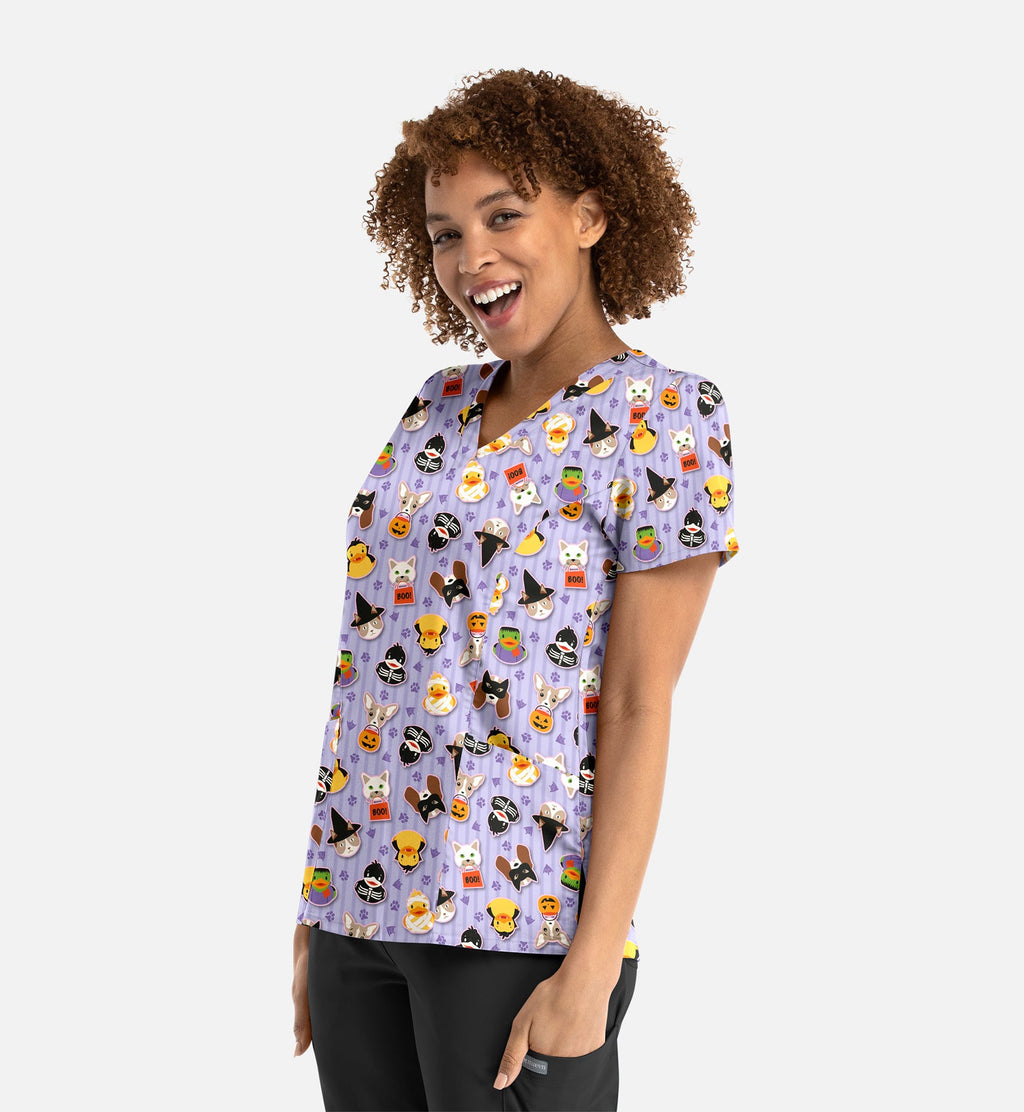 Maevn 1797 Women’s Curved V-Neck Print Top Spooky Squad
