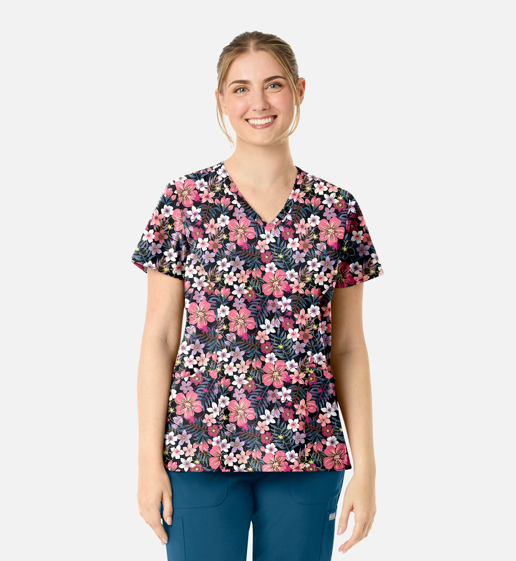 Maevn 1797 Women’s Curved V-Neck Print Top Tropical Bloom