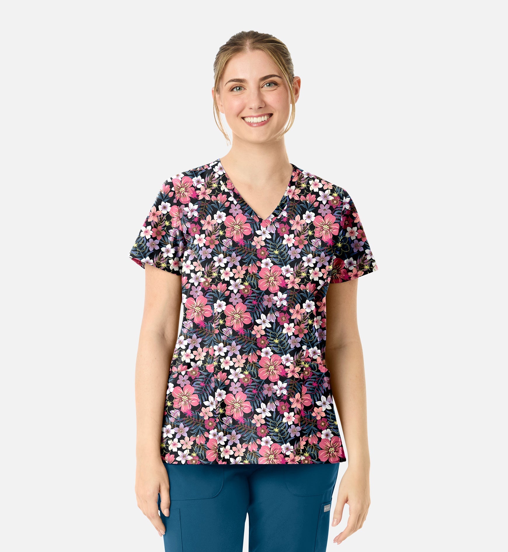 Maevn 1797 Women’s Curved V-Neck Print Top Tropical Bloom