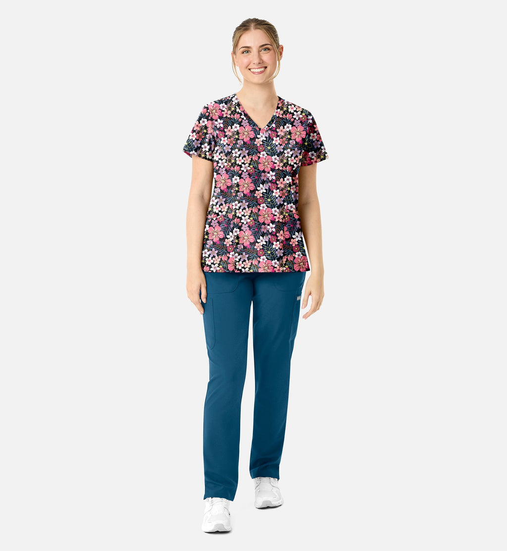 Maevn 1797 Women’s Curved V-Neck Print Top Tropical Bloom