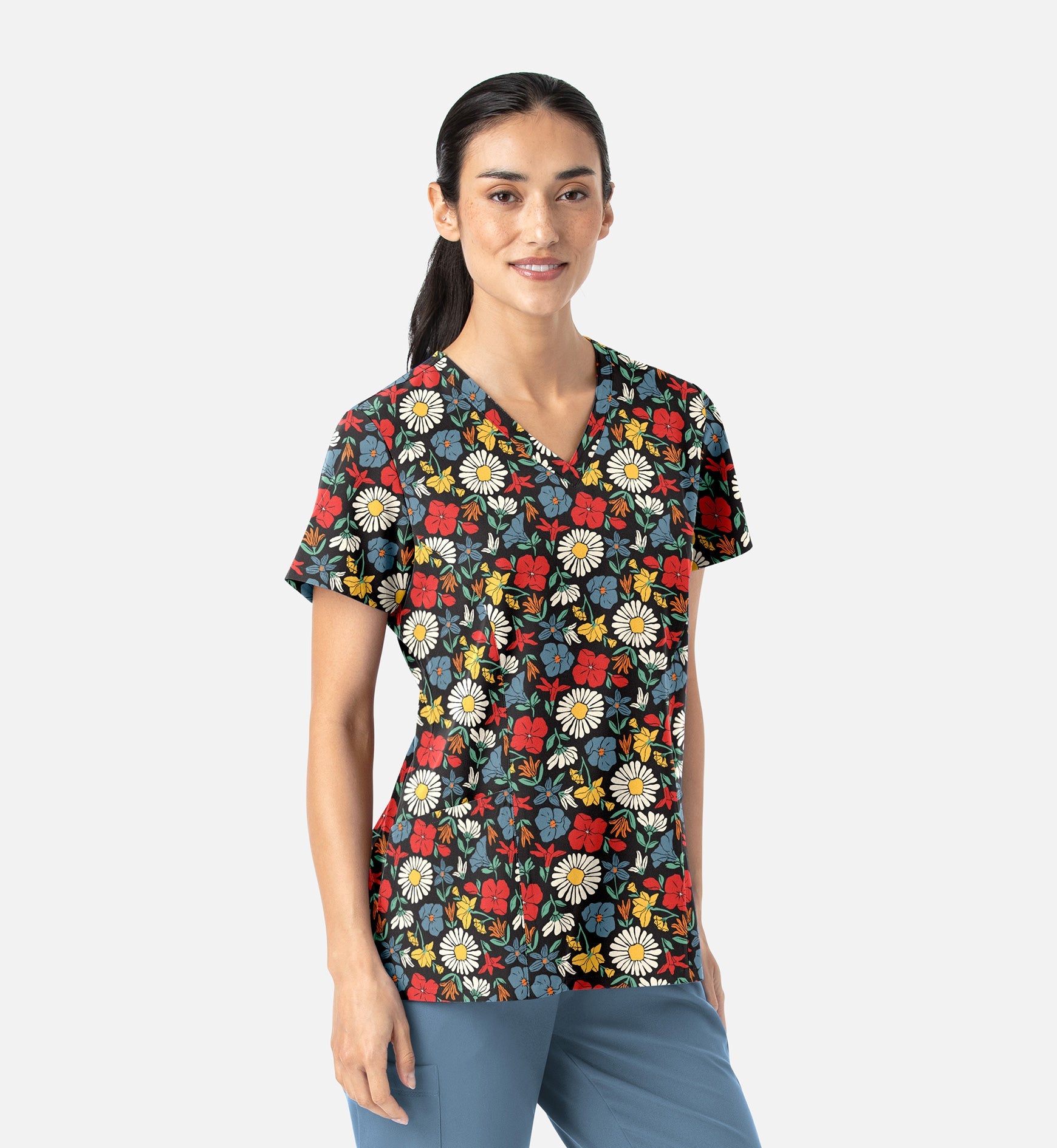 Maevn 1797 Women’s Curved V-Neck Print Top Wildflower Pop