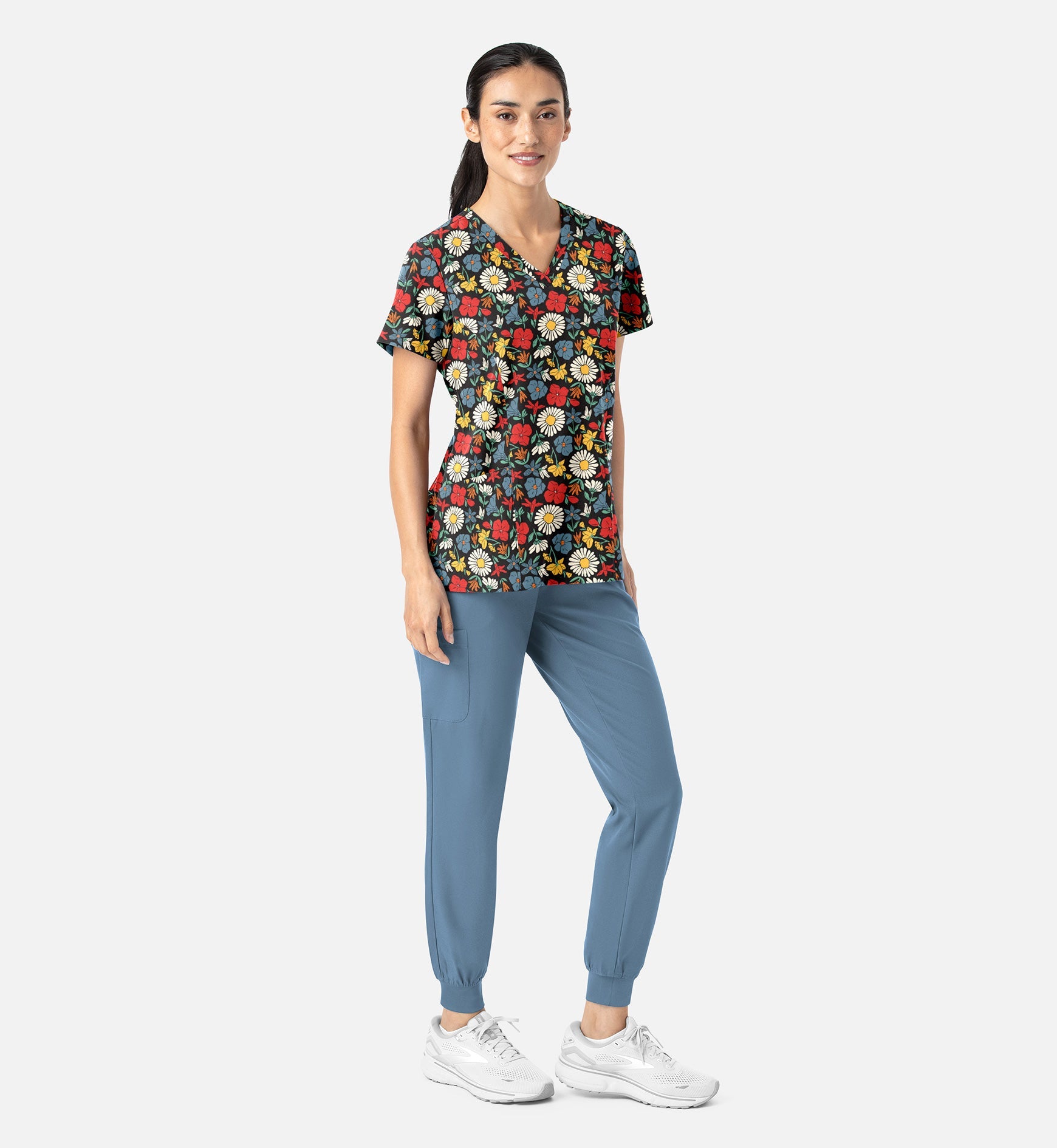 Maevn 1797 Women’s Curved V-Neck Print Top Wildflower Pop