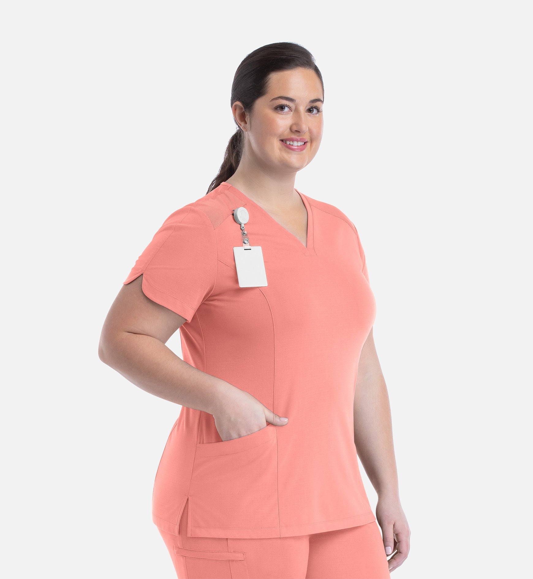 Focus 20302 Women's Curved V-Neck Top Desert Coral