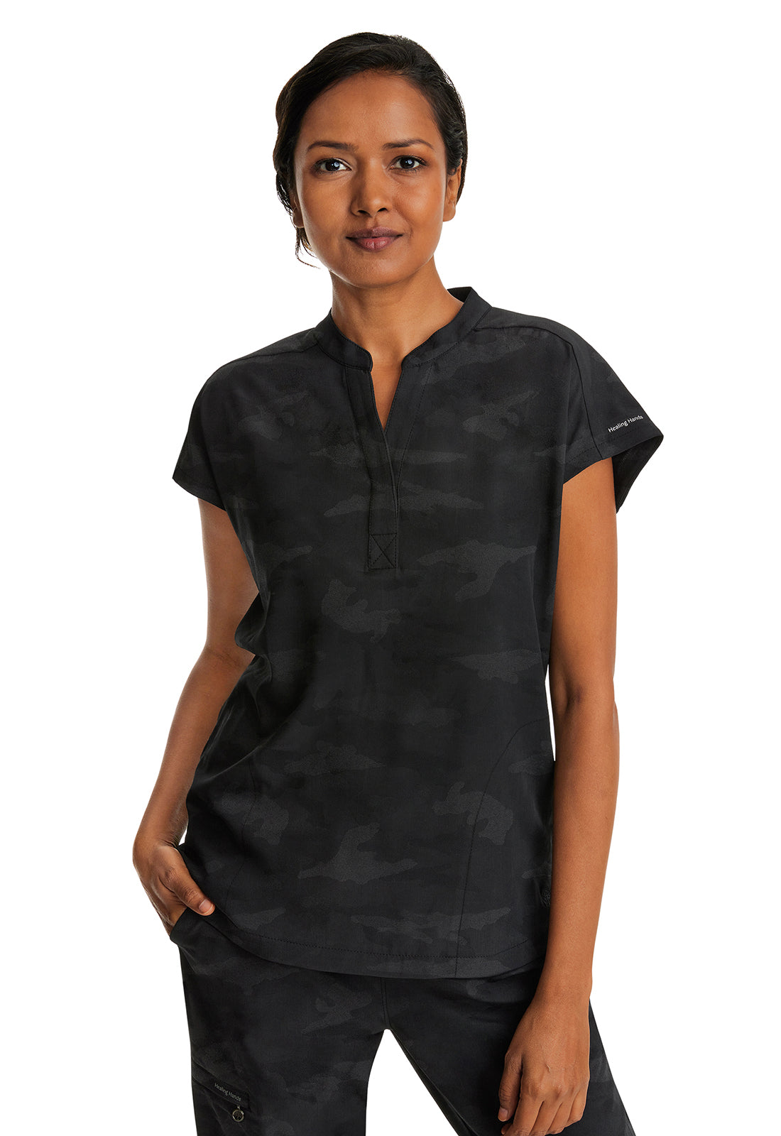 Purple Label 2352 Women's Journey Camo Scrub Top Black
