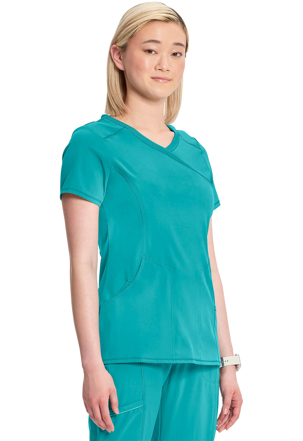 Classics 2625A Mock Wrap Top Teal Blue Model Image Left Side | Infinity