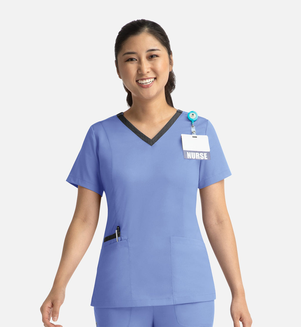 Matrix 3502 Women’s Contrast Double V-Neck Top Ceil Blue