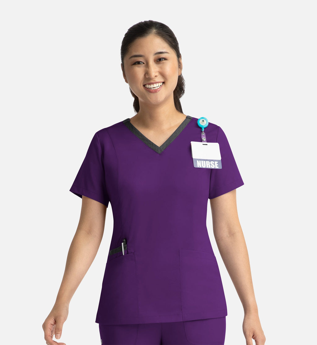 Matrix 3502 Women’s Contrast Double V-Neck Top Eggplant