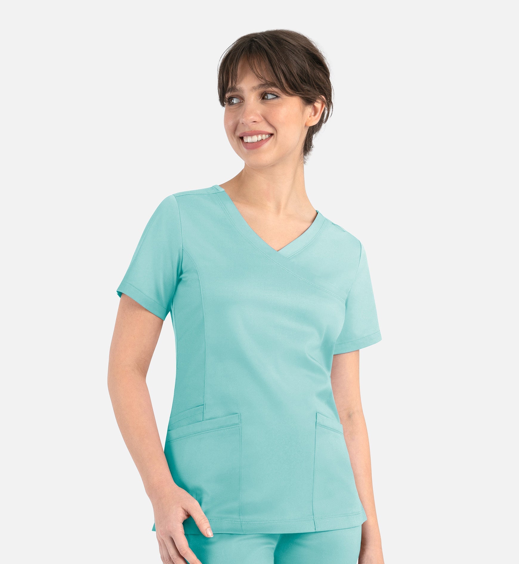 Matrix 3701 Women’s Curved Mock Wrap Top Aruba Blue