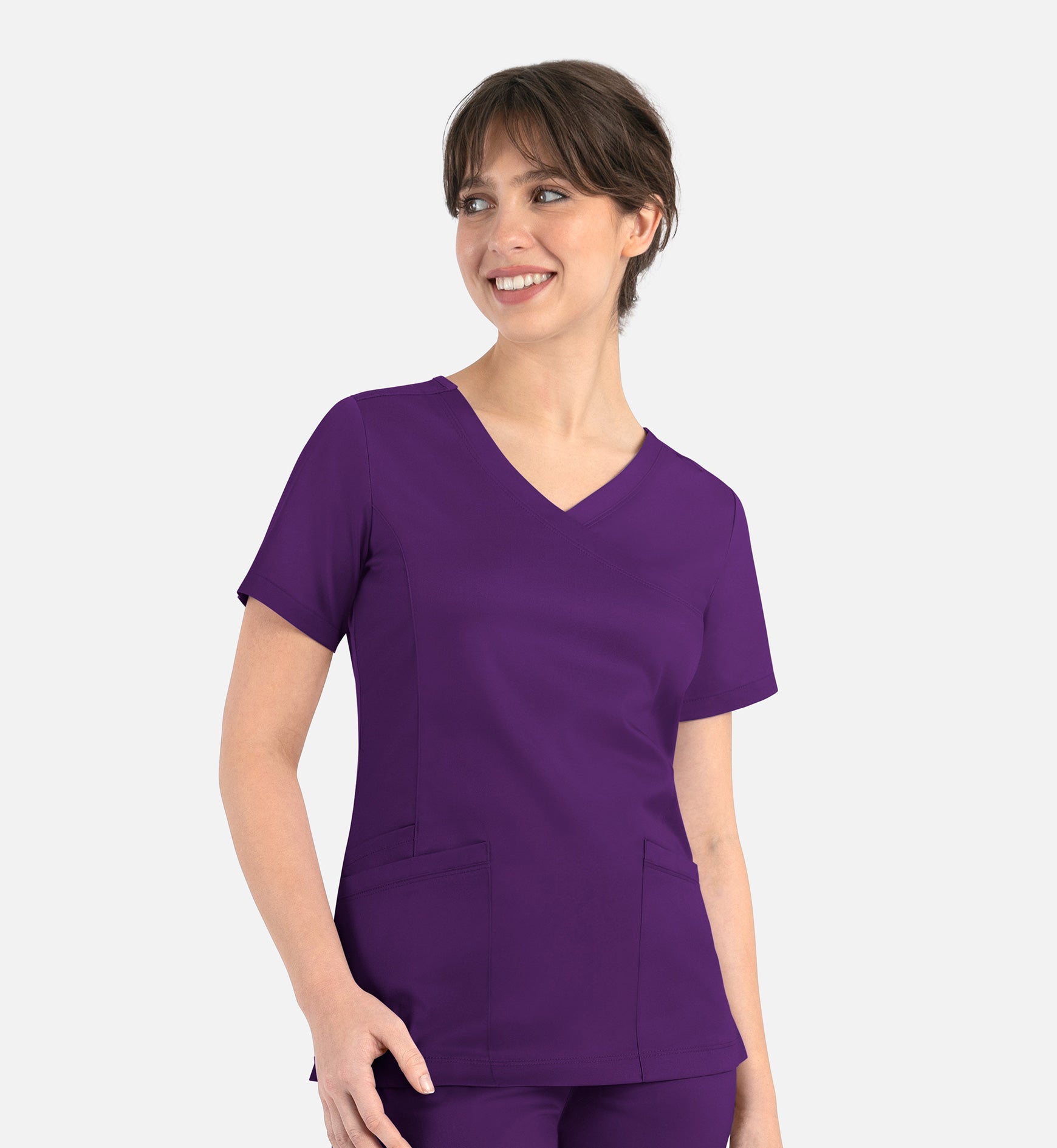 Matrix 3701 Women’s Curved Mock Wrap Top Eggplant