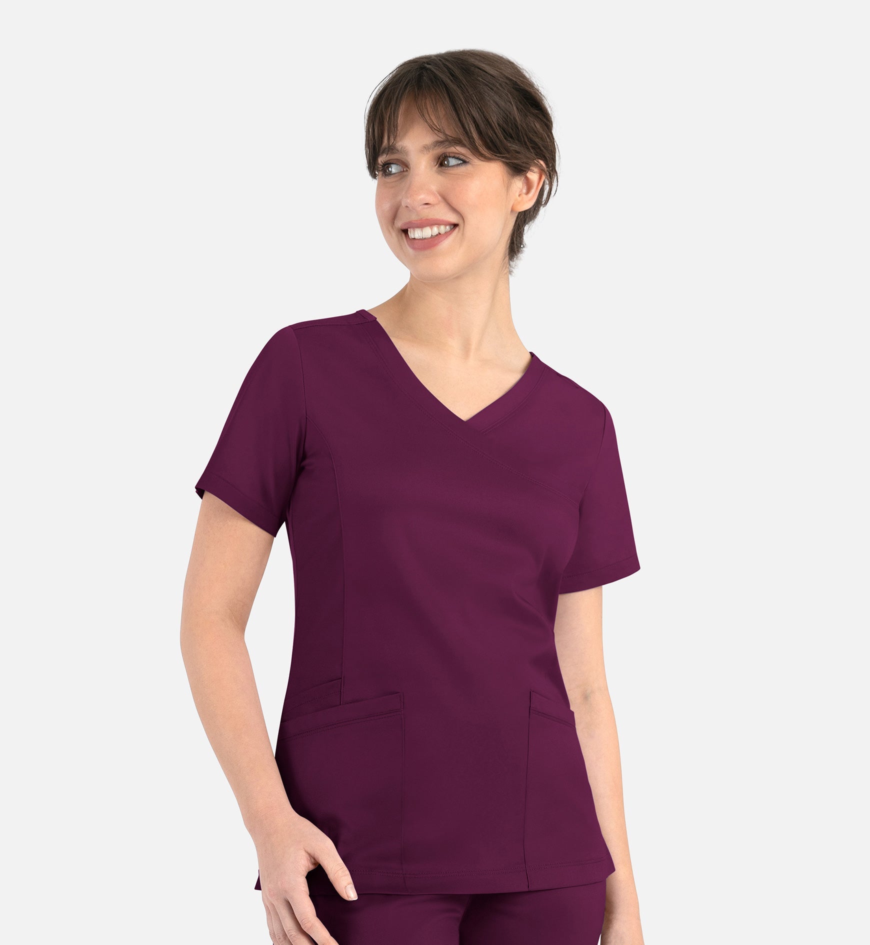 Matrix 3701 Women’s Curved Mock Wrap Top Wine