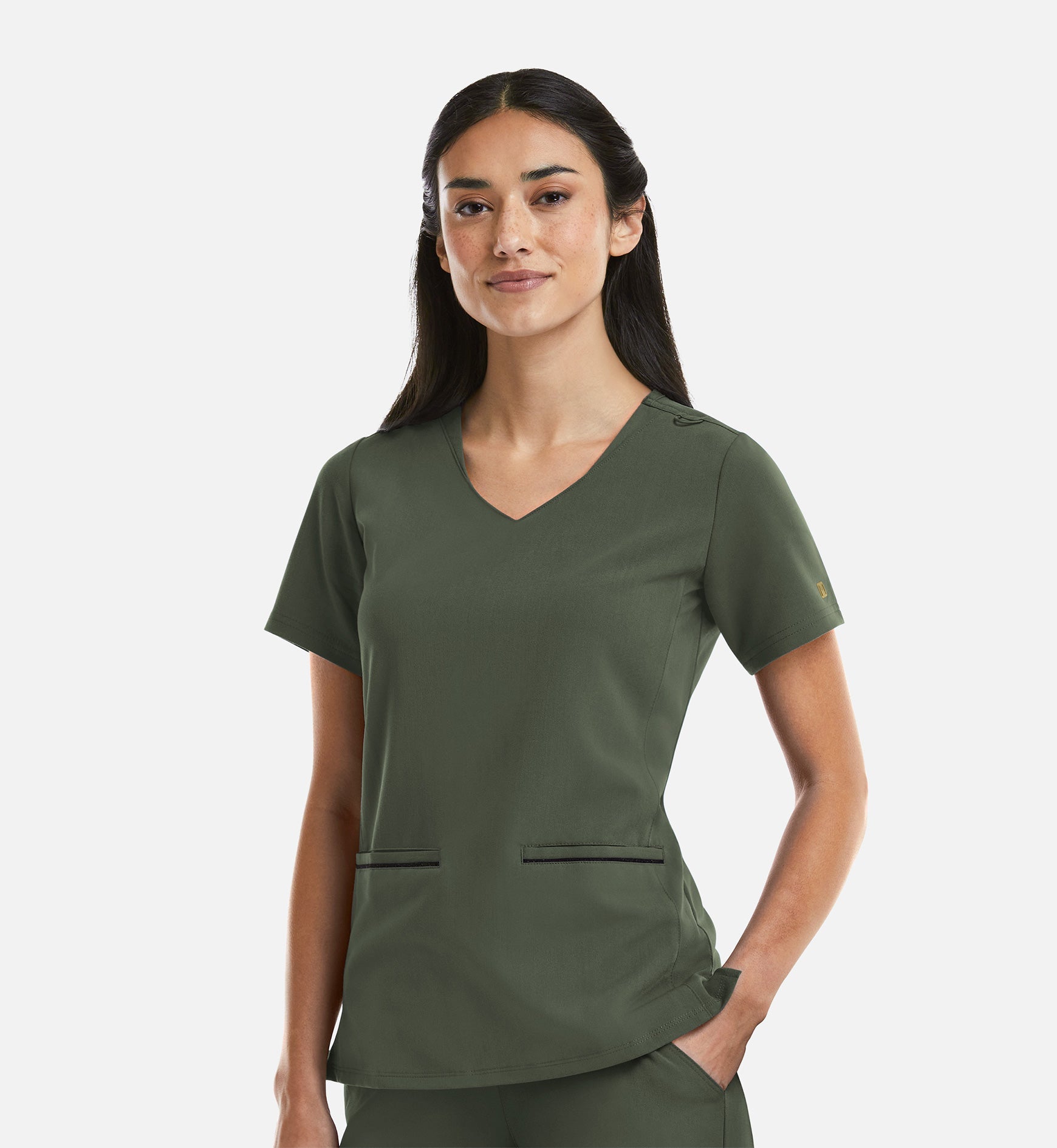 Matrix Pro 3902 Women's Curved V-Neck Top With Metallic Detail Olive