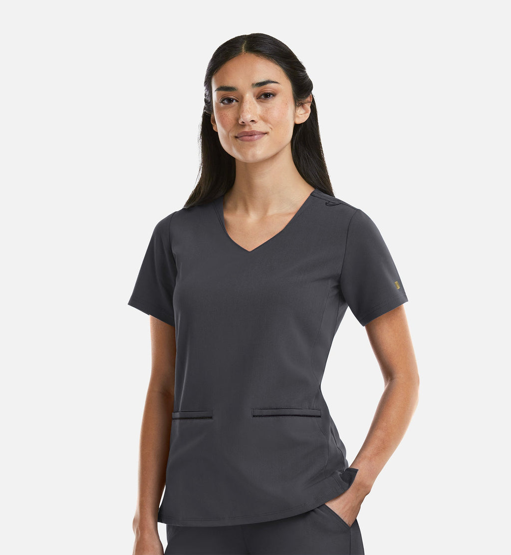 Matrix Pro 3902 Women's Curved V-Neck Top With Metallic Detail Pewter