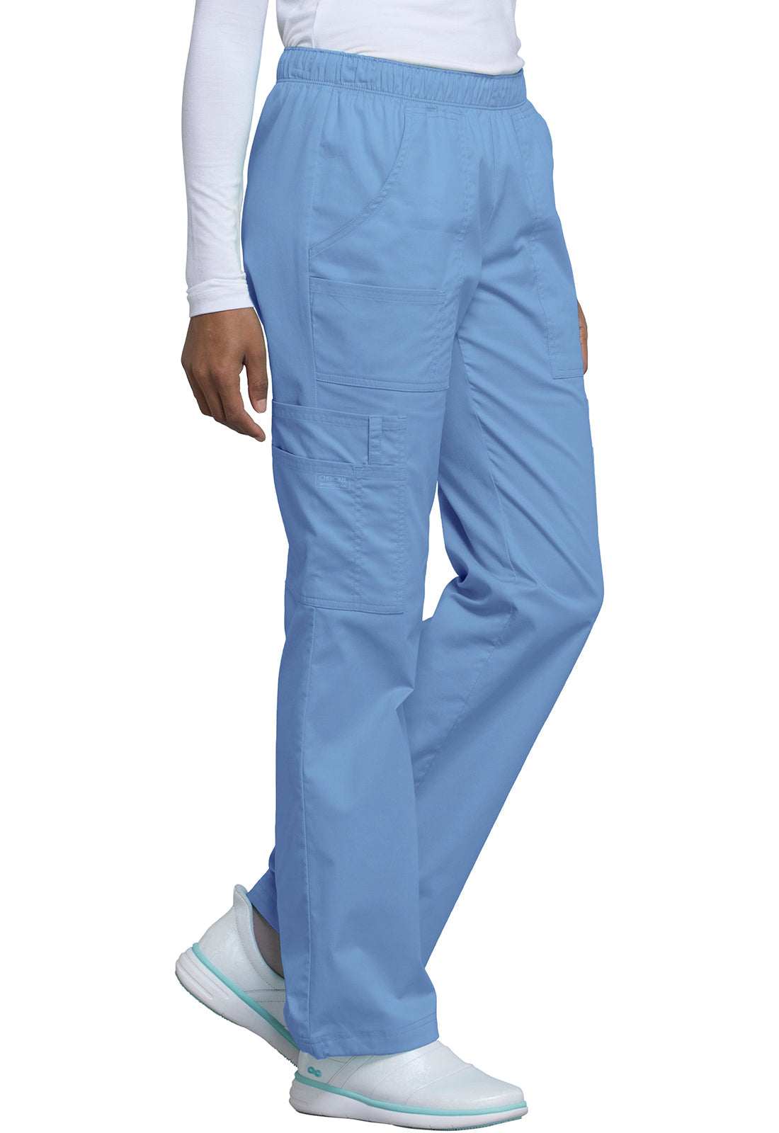 Core Stretch 4005 Mid Rise Pull-On Cargo Pants Ciel Model Image Left Side | Cherokee Workwear