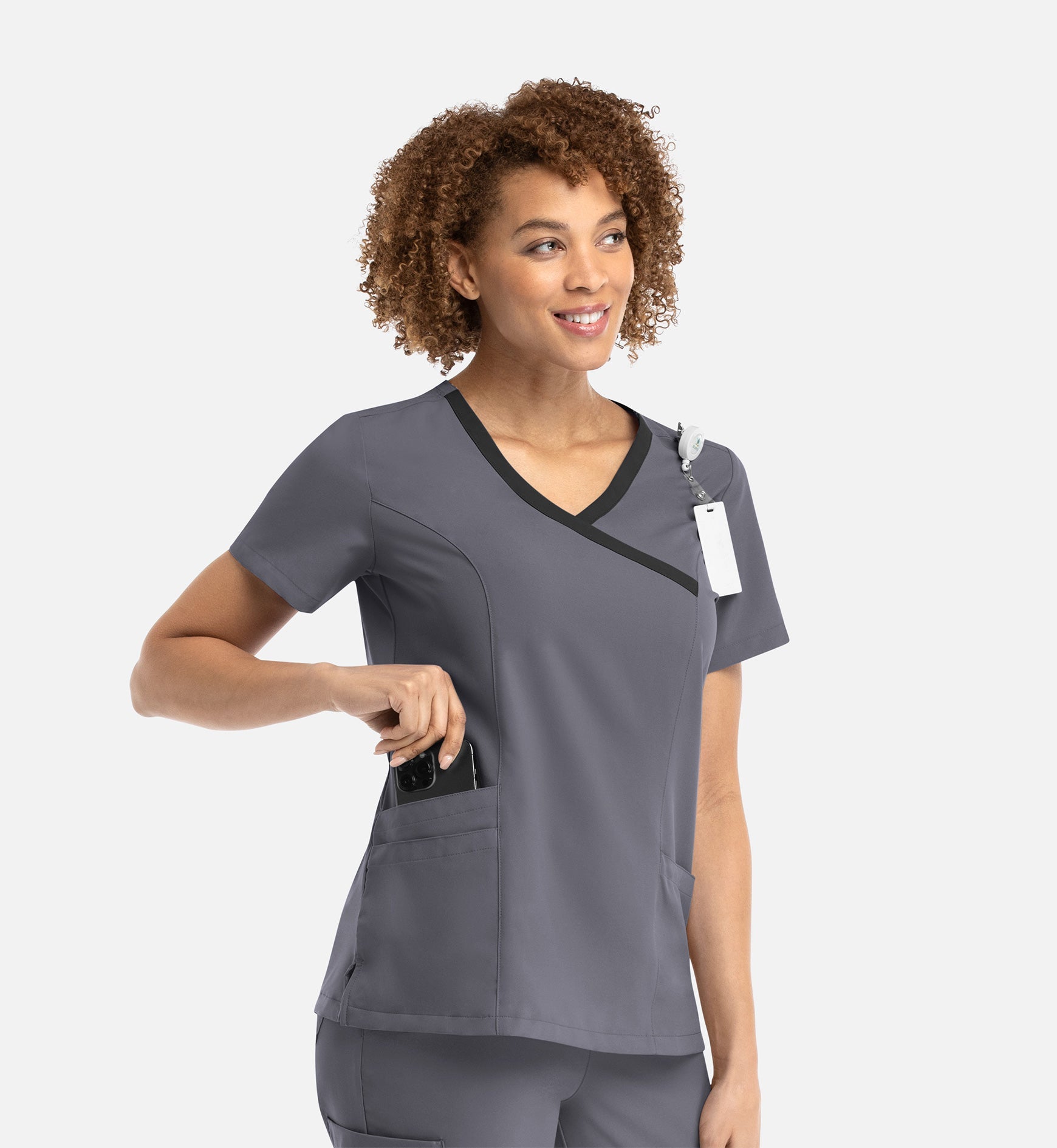 Momentum 5004 Women's Mock Wrap Top With Contrast Trim Pewter