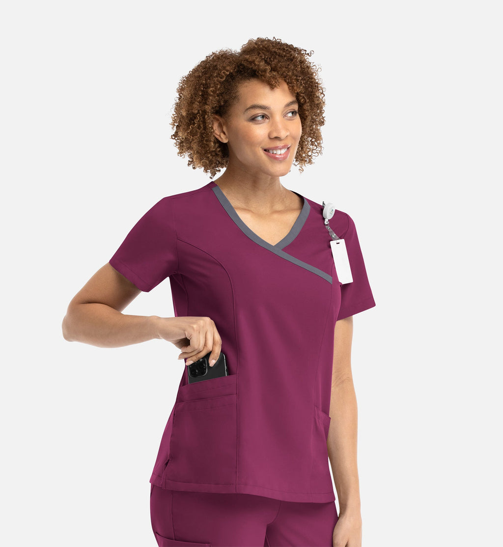 Momentum 5004 Women's Mock Wrap Top With Contrast Trim Wine