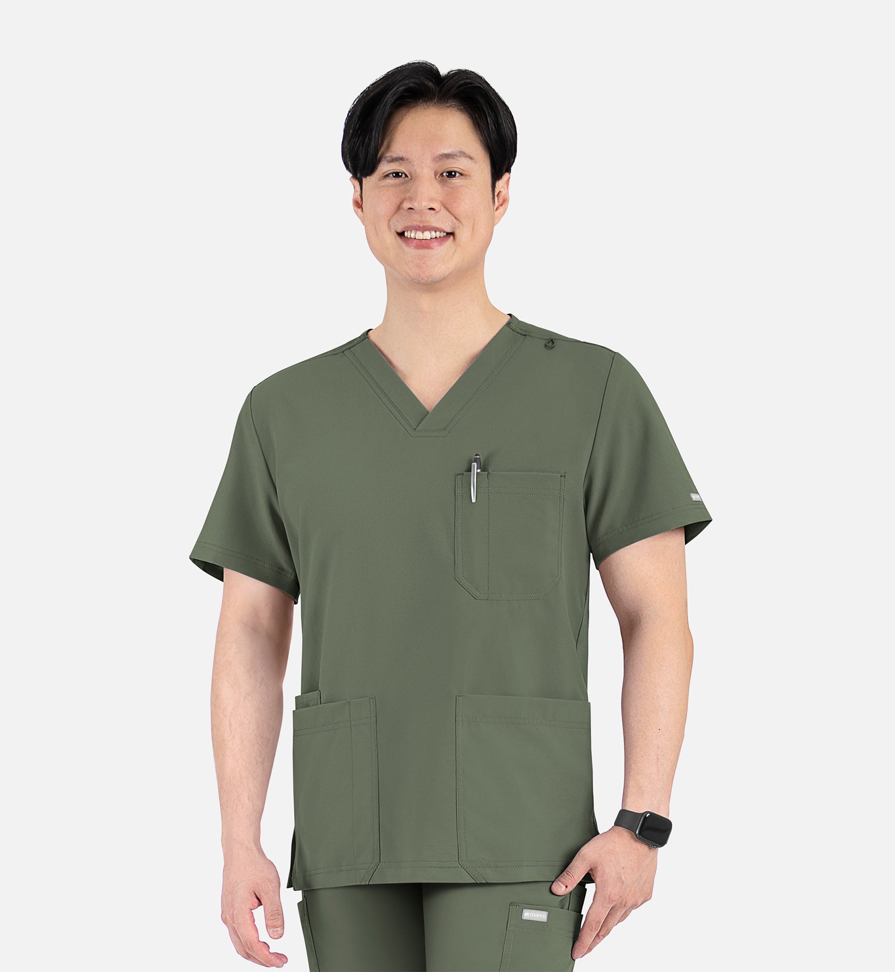 Momentum 5802 Men's 4 Pocket Banded V-Neck Top Olive
