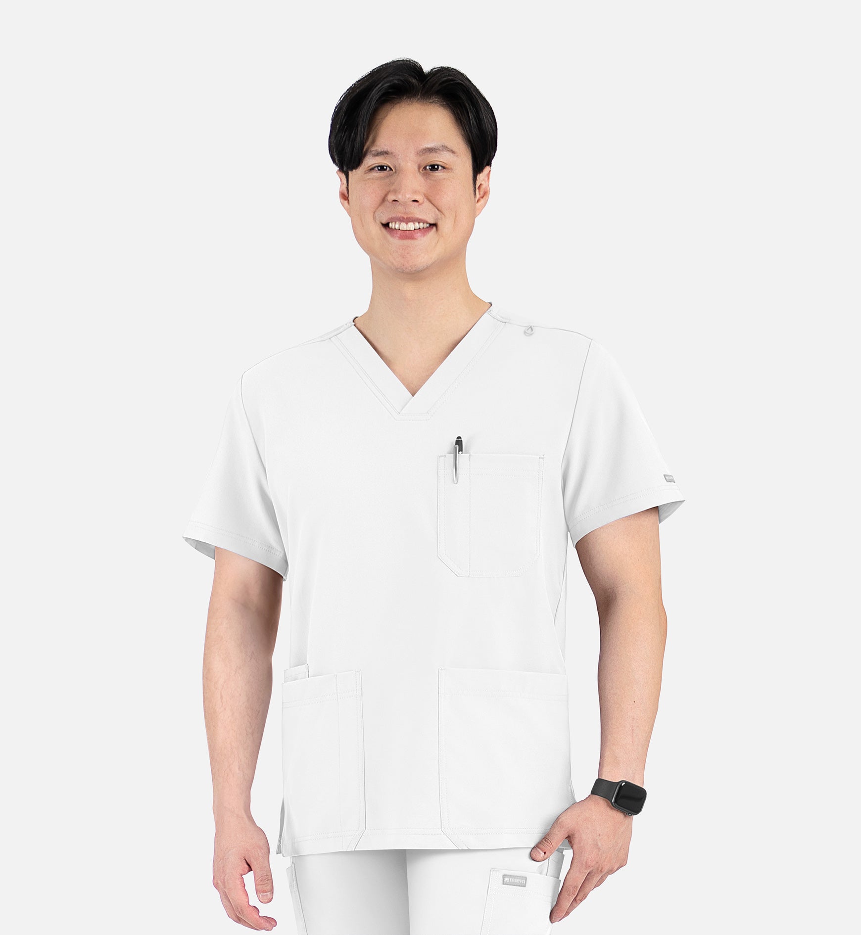 Momentum 5802 Men's 4 Pocket Banded V-Neck Top White