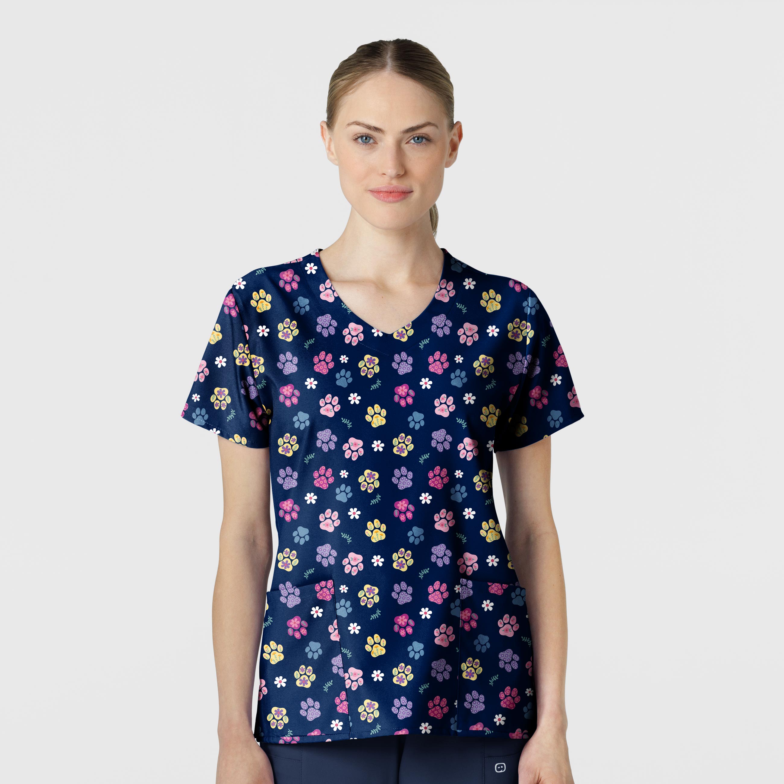 Fashion Prints 6147 V-Neck Print Scrub Top Springtime Stroll Navy