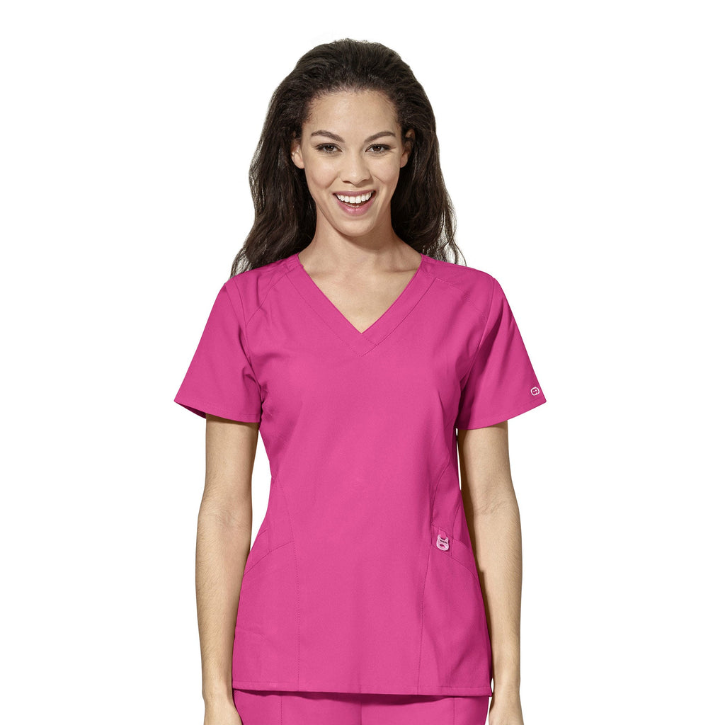 W123 6155 Stylized V-Neck Scrub Top Hot Pink