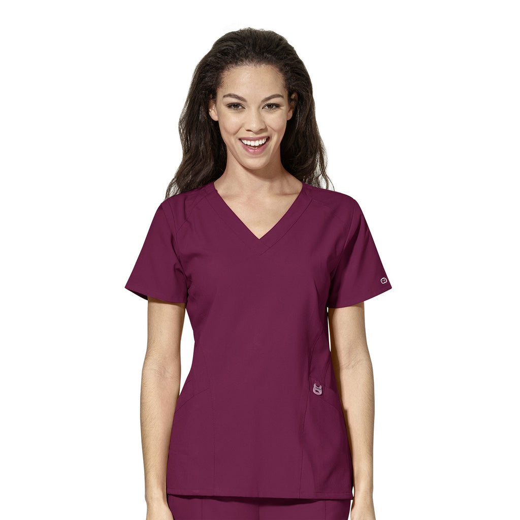 W123 6155 Stylized V-Neck Scrub Top Wine