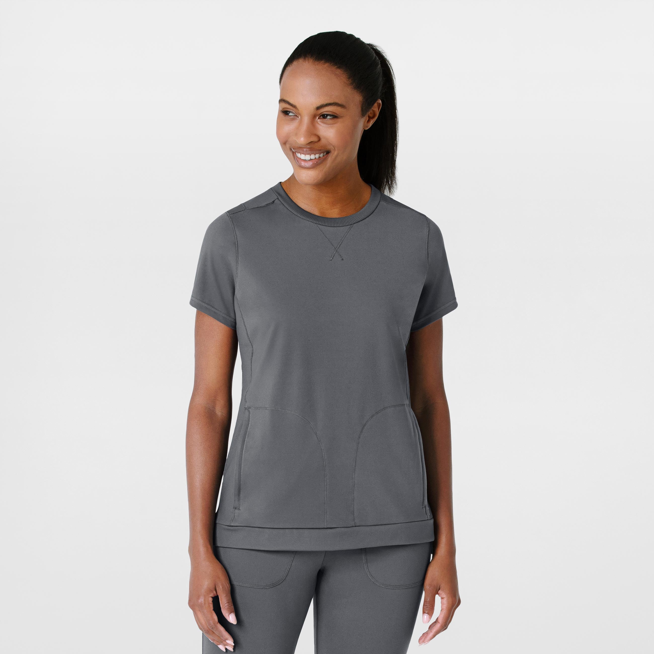 RENEW 6359 Knit Flex-n-Reach Crew Neck Scrub Top Pewter