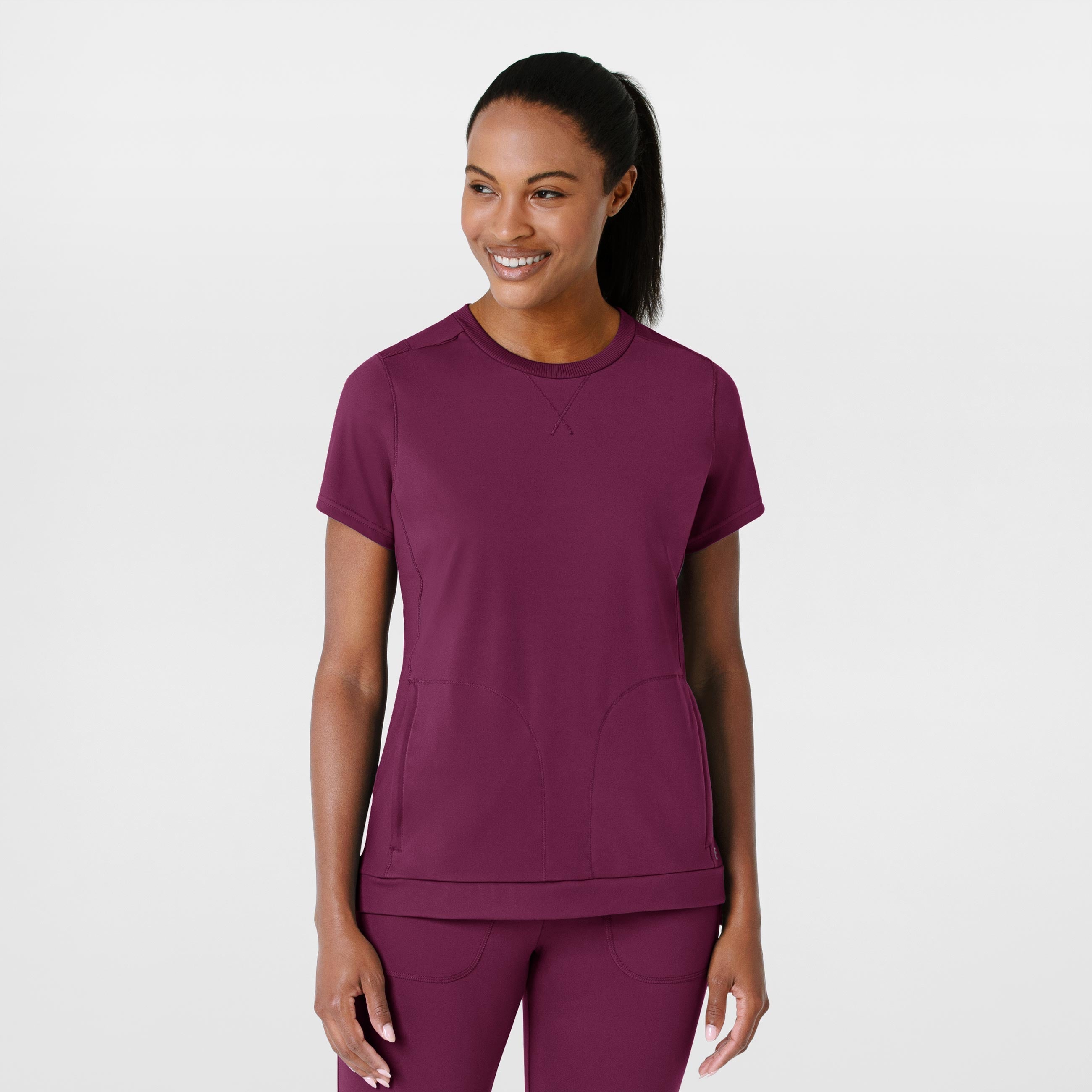RENEW 6359 Knit Flex-n-Reach Crew Neck Scrub Top Wine