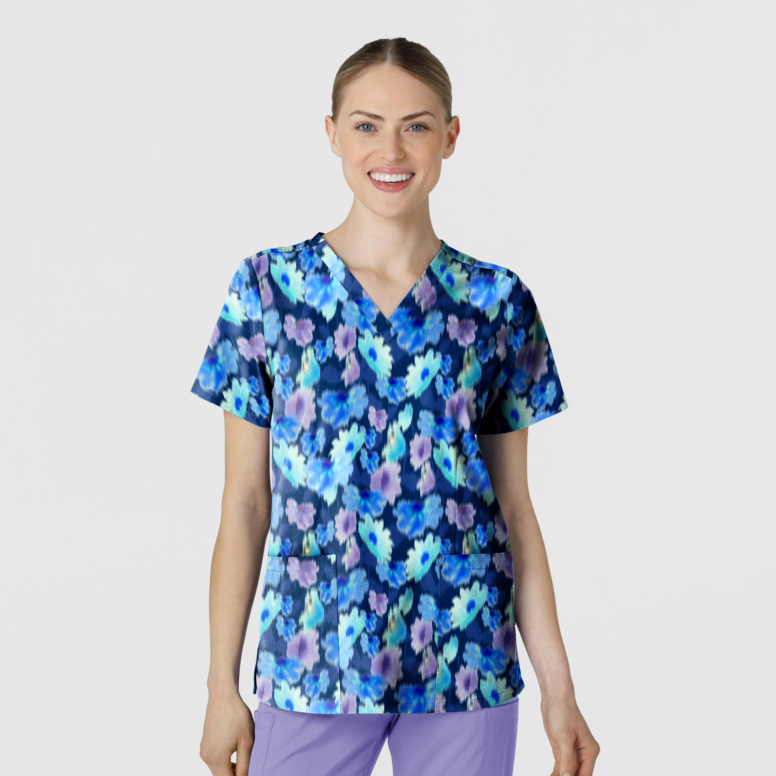 Fashion Prints 6657 Fitted 3-Pocket V-Neck Print Scrub Top Flower Meadow