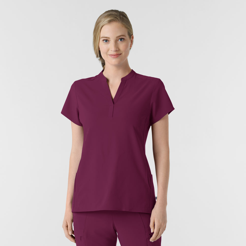 RENEW 6734 Mandarin Collar Scrub Top Wine