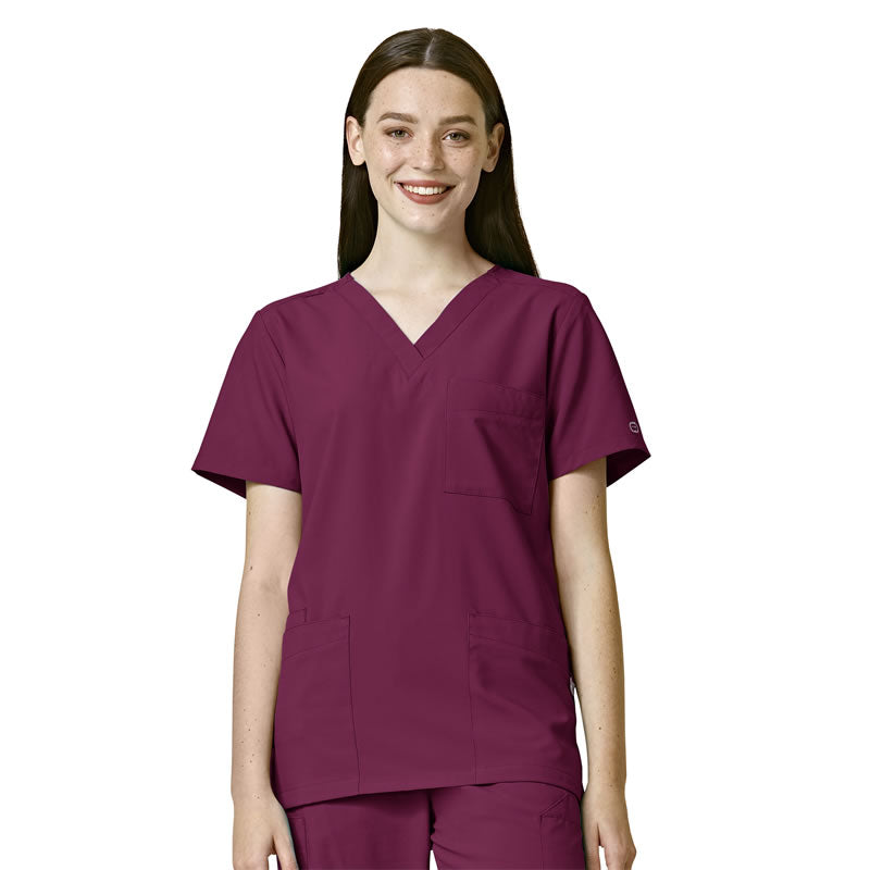 W123 6855 Unisex 4 Pocket Utility Scrub Top Wine