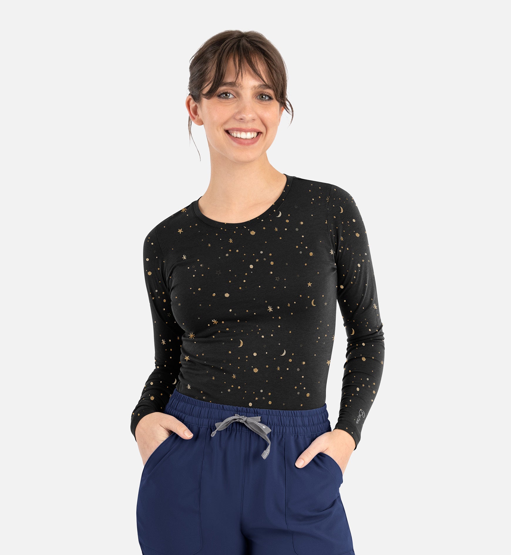 Bestee 6909 Women's Basic Long Sleeve Underscrub Tee Midnight Print