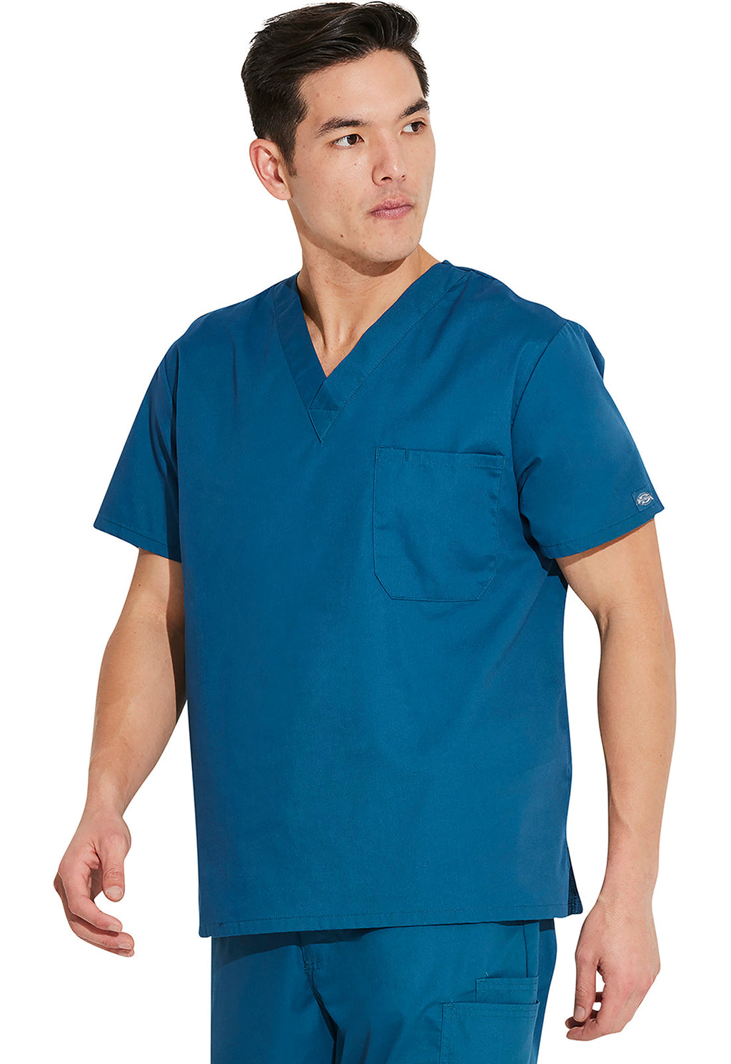 EDS Signature 83706 Unisex Tuckable V-Neck Top Caribbean Blue Model Image Right Side | Dickies