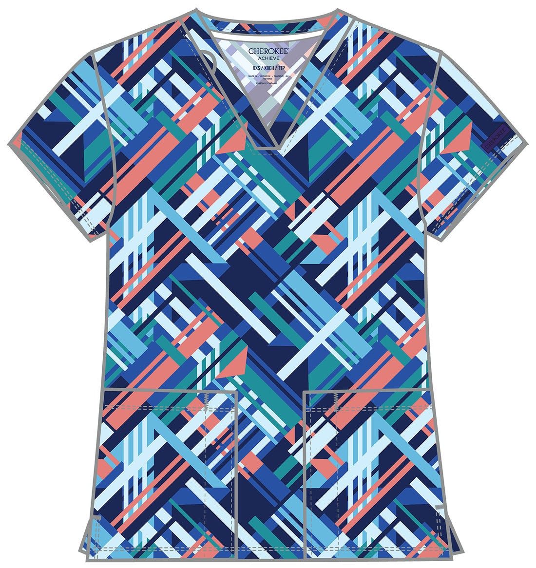 Achieve CK00010 Women's 2 Pocket Print Scrub Top Bright Geo