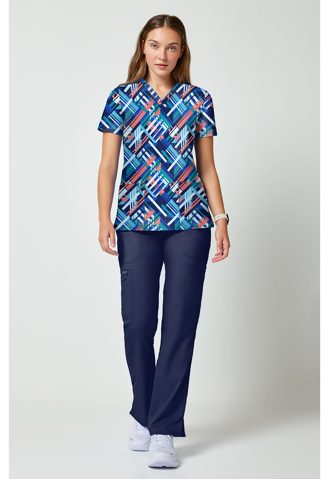 Achieve CK00010 Women's 2 Pocket Print Scrub Top Bright Geo
