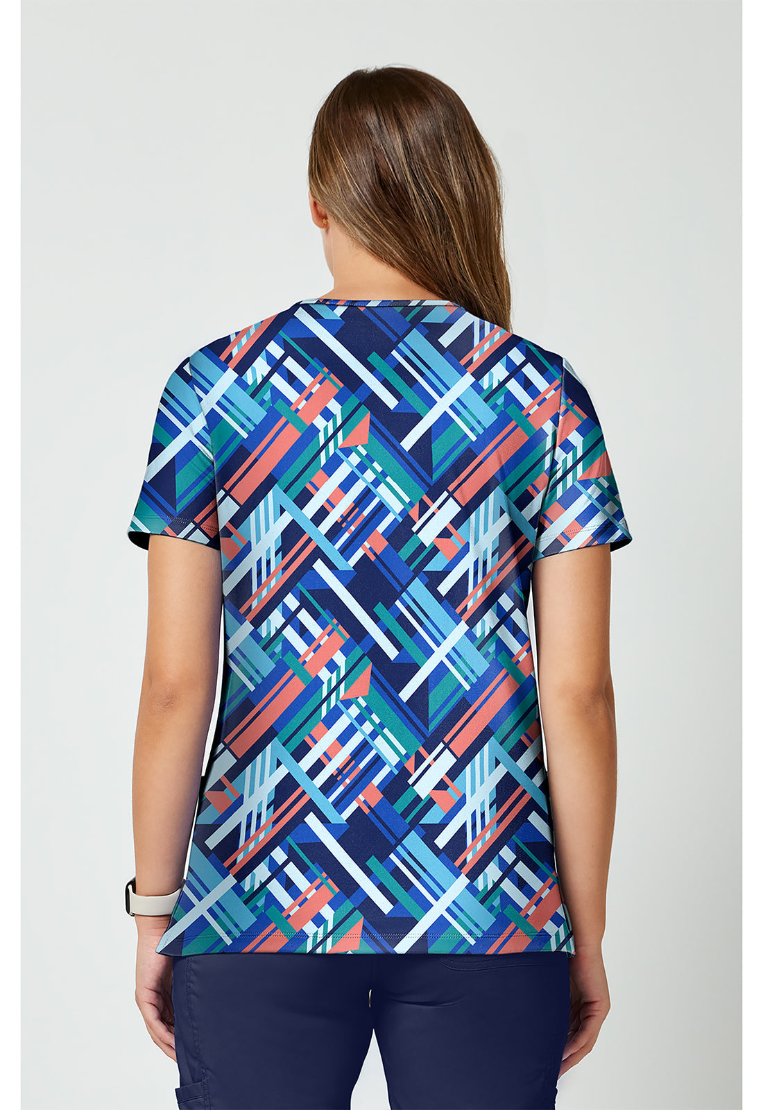 Achieve CK00010 Women's 2 Pocket Print Scrub Top Bright Geo