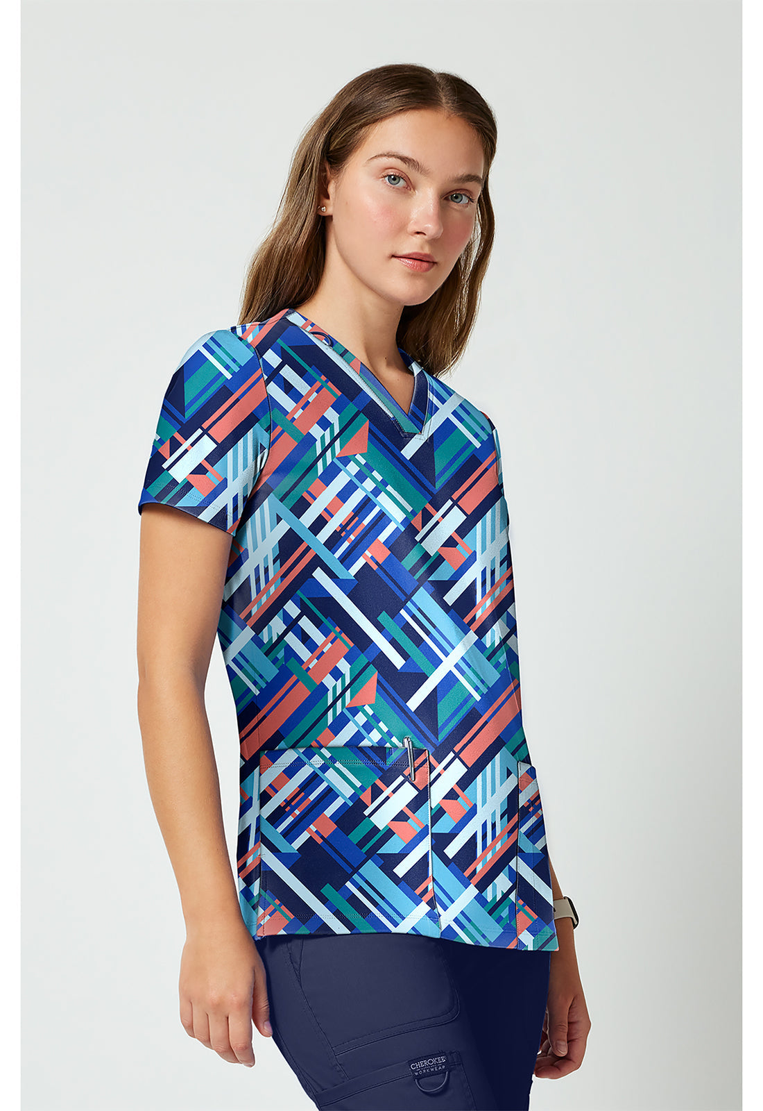 Achieve CK00010 Women's 2 Pocket Print Scrub Top Bright Geo