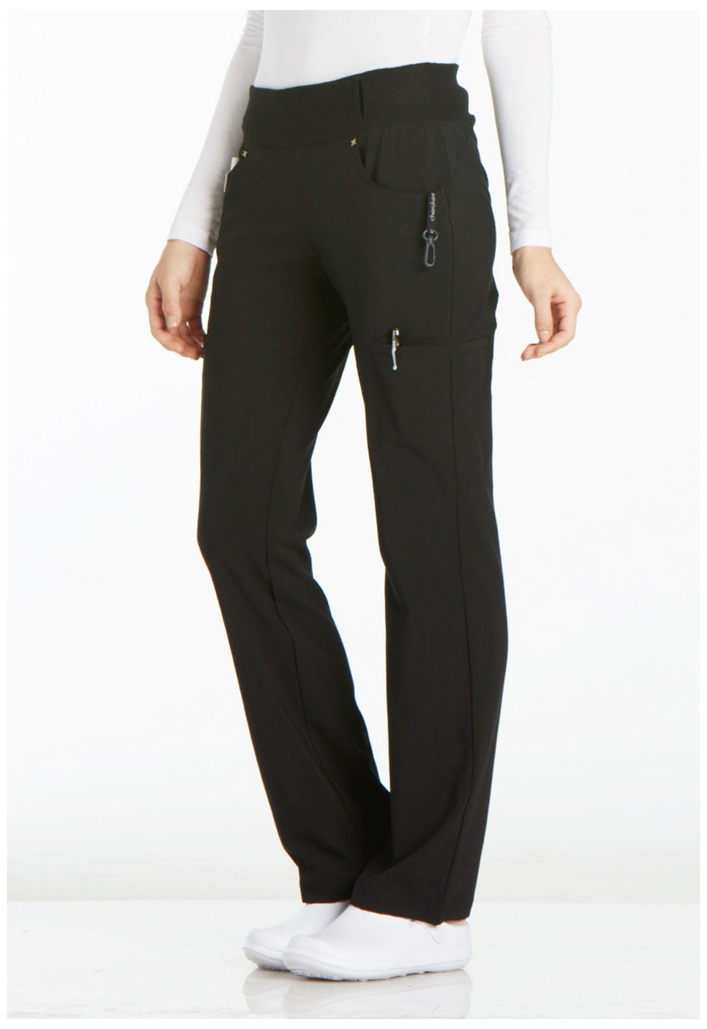 iFlex CK002 Mid Rise Straight Leg Pull-on Pants Black Model Image Right Side | Cherokee