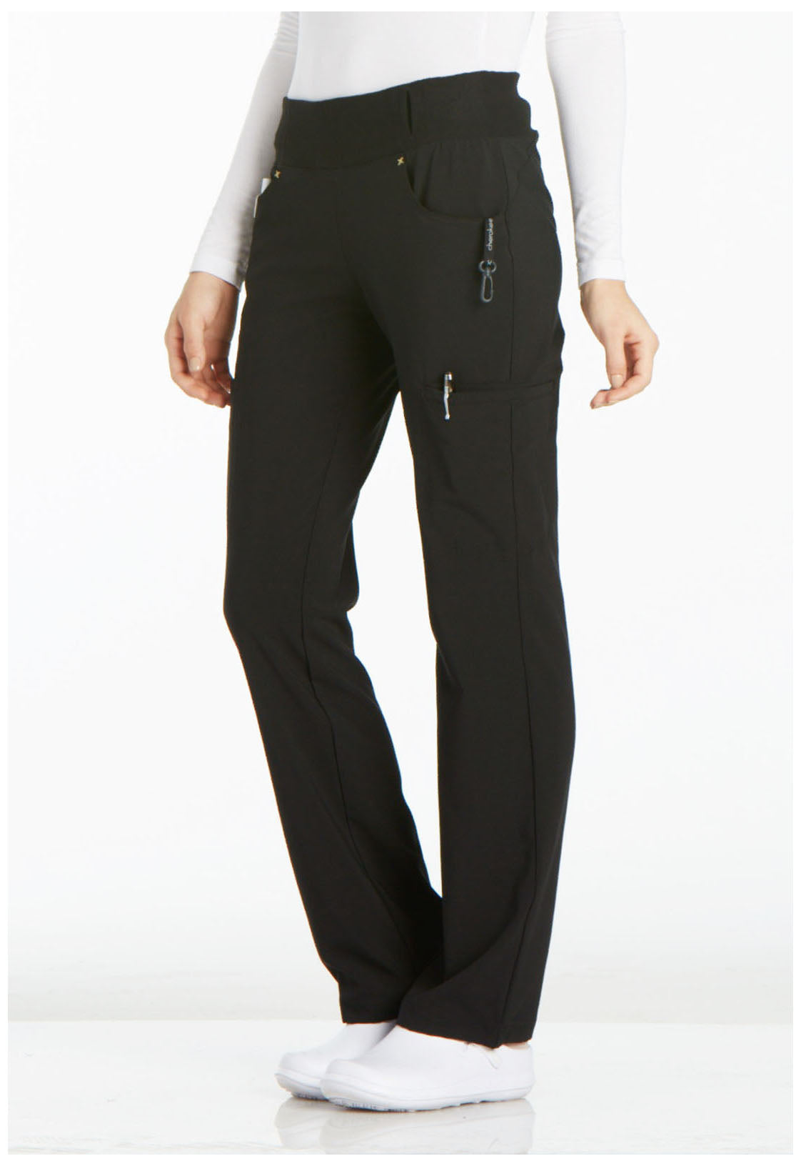 iFlex CK002 Mid Rise Straight Leg Pull-on Pants Black Model Image Right Side | Cherokee